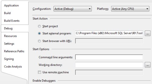 Add-in debugging properties tab