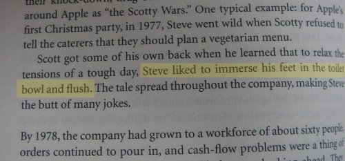 paragraph from book talking about jobs washing feet in toilet to relax
