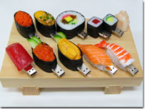 a tray full of sushi, except each piece has a USB connector coming out of it